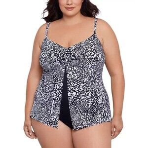 Swim Solutions Women's Plus Size Printed Flyaway Fauxkini One Piece Swimsuit 20W
